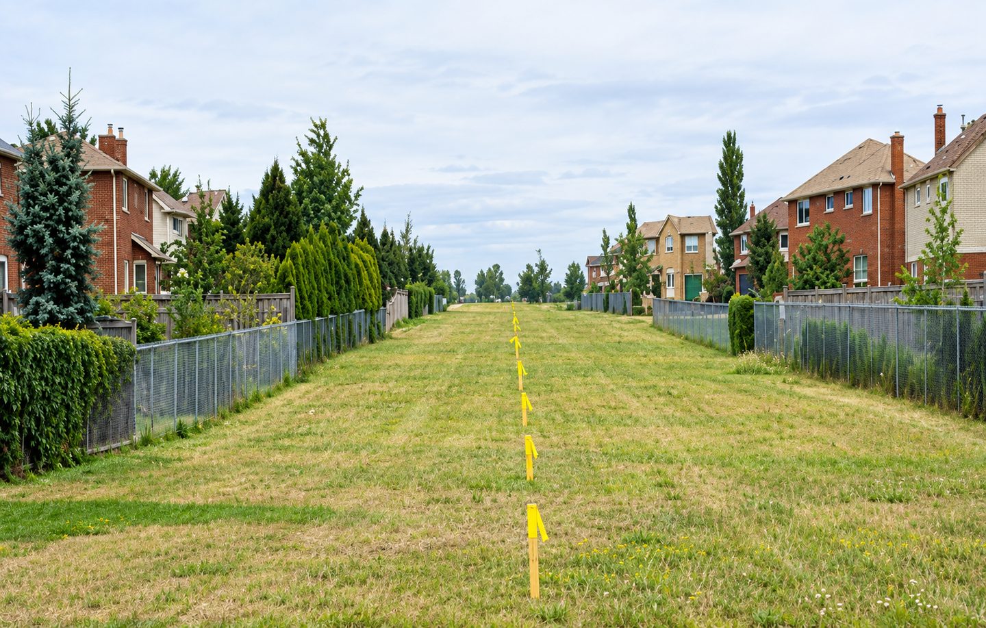Marked pipeline right-of-way running through a residential neighbourhood.